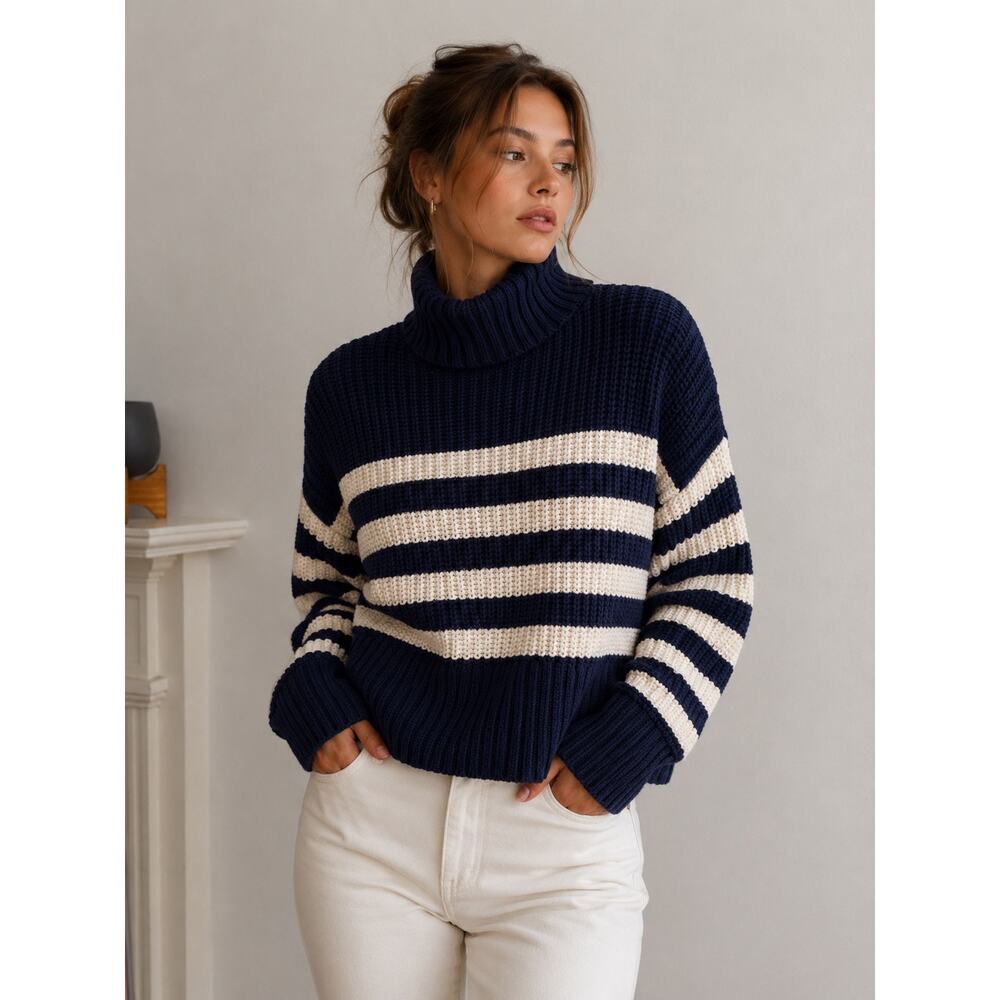 Madewell Striped Turtleneck Sweater XXS Navy Blue Ivory Chunky Knit Pullover